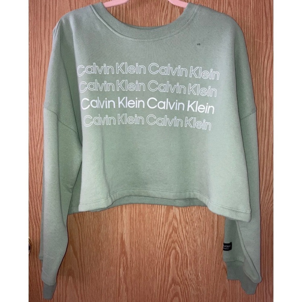 CALVIN KLEIN Performance L Green Logo Cropped Pullover Sweater Top Long Sleeve
